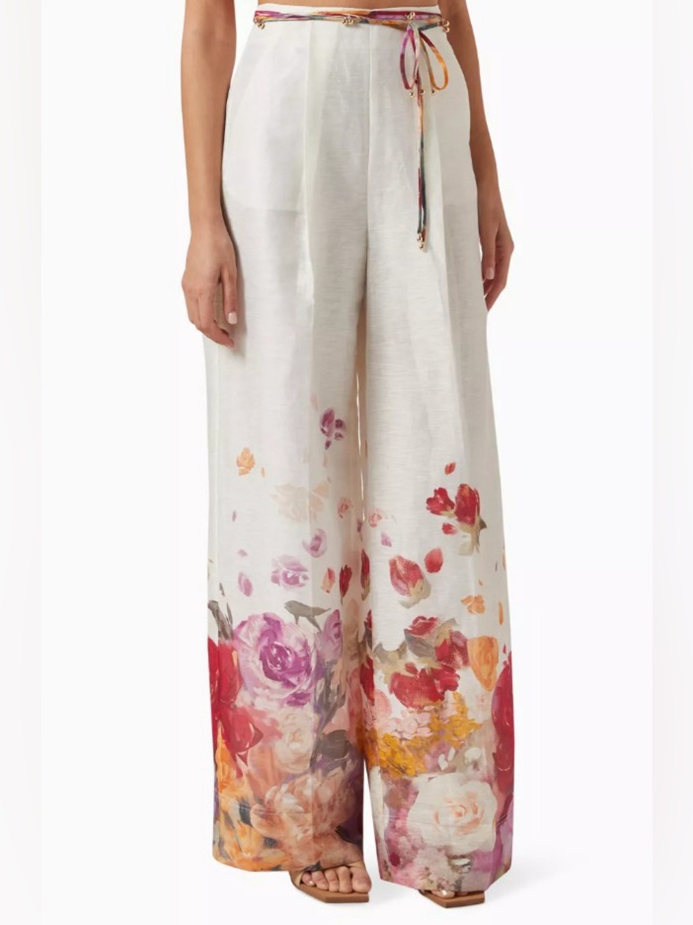 Leo Lin Luisa Linen Ivory Painterly Floral Wide Leg Pants NWOT